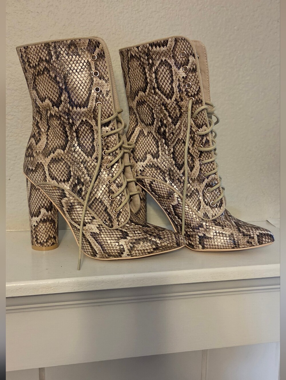 Snake-Print Lace-Up Ankle Boots in Taupe